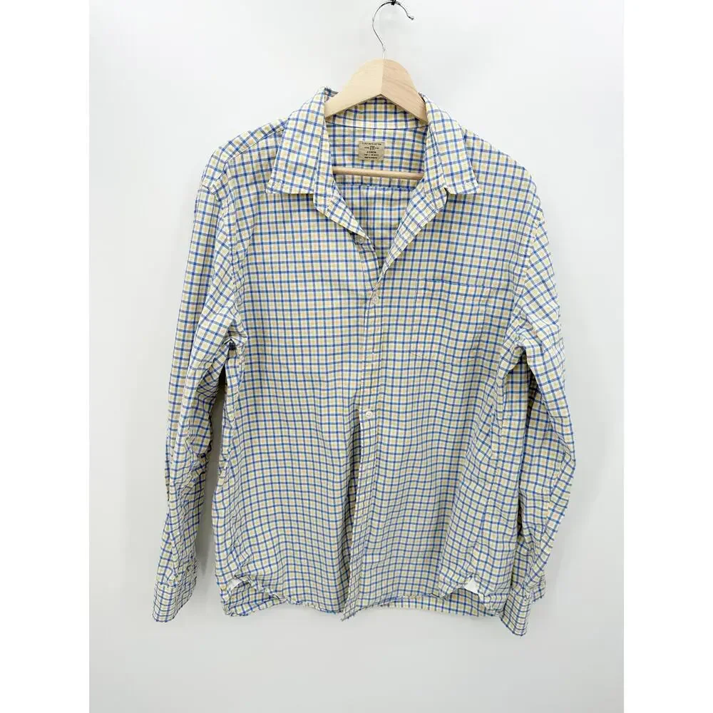 J. Crew‎ Blue Yellow Checkered Button Down Shirt Collared Dress Mens Size Large